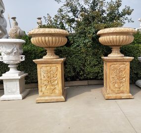 Escultura de vaso de flores esculpida em pedra de mármore para exterior, fornecedor de estátuas de jardim em pedra fornecedor
